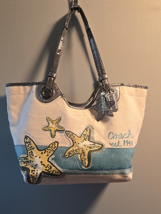Coach Handbags - Coach Canvas Starfish Tote in Cream, Blue & Yellow